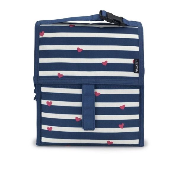 Packit Freezable Lunch Bag Hearts Navy White stripes - Picture 1 of 6